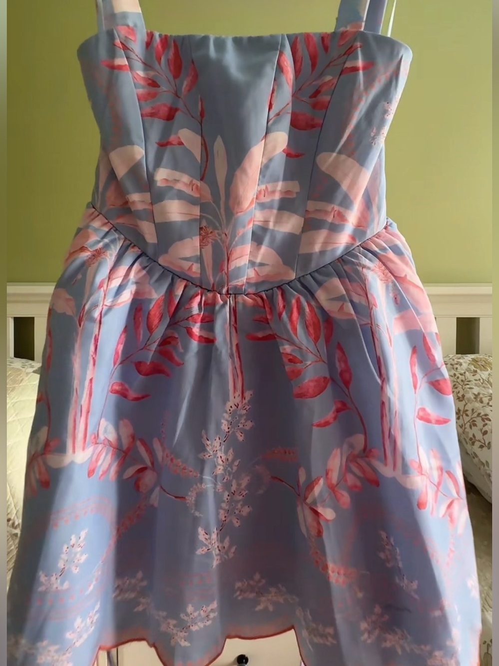 Blue Floral Tie-Shoulder Mini Baby-Doll Dress with Coral Leaf Print